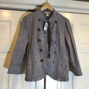 NWT LOFT Gray Linen Cotton Blend Ruffled Blazer Sz M Cottagecore Casual Coastal